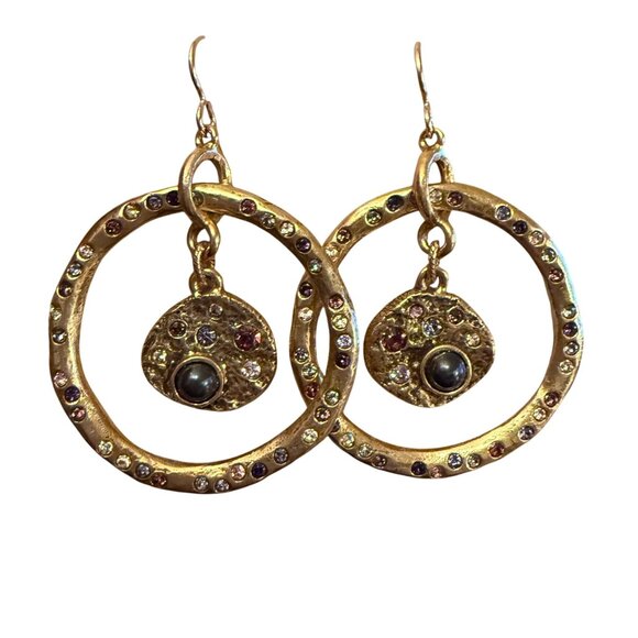 RARE Patricia Locke Handmade Gold Toned Crystal Earrings Round Dangle Drop 2009 - Picture 2 of 5